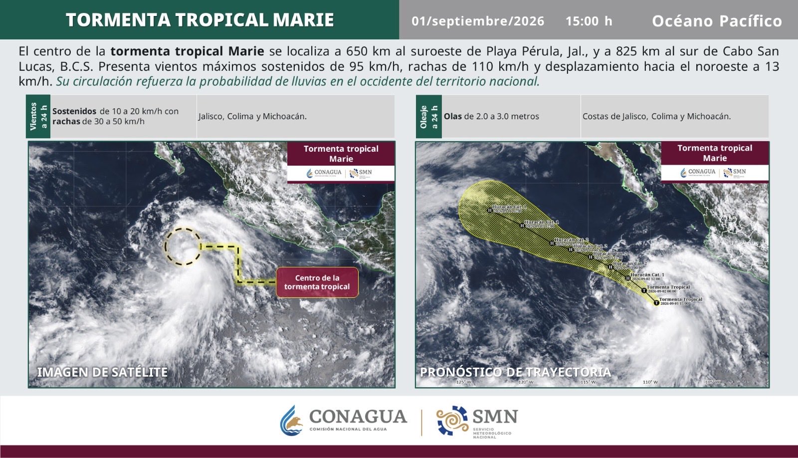 La tormenta Marie toma fuerza y amenaza con ser huracán en el Pacífico.