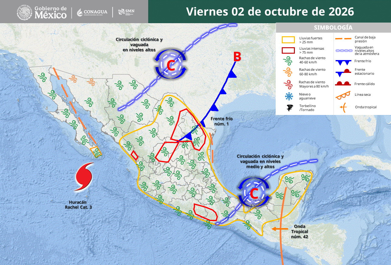 Frente frío 1 y Rachel provocarán lluvias intensas y fuerte oleaje.