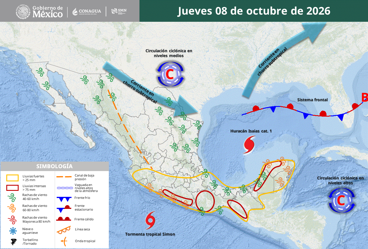Simon amenaza Guerrero con lluvias torrenciales; Isaias azota el sureste.