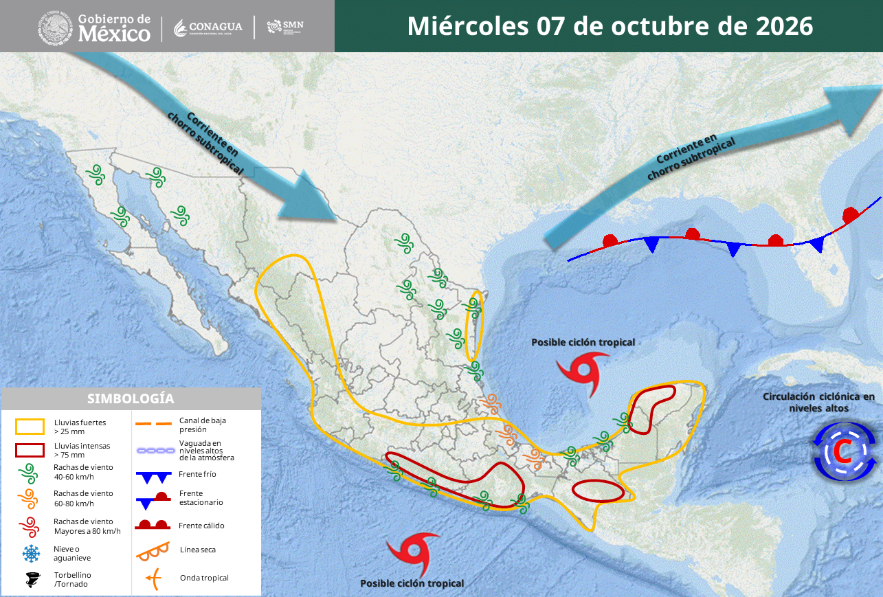 Dos zonas ciclónicas dejan lluvias intensas en cinco estados de México