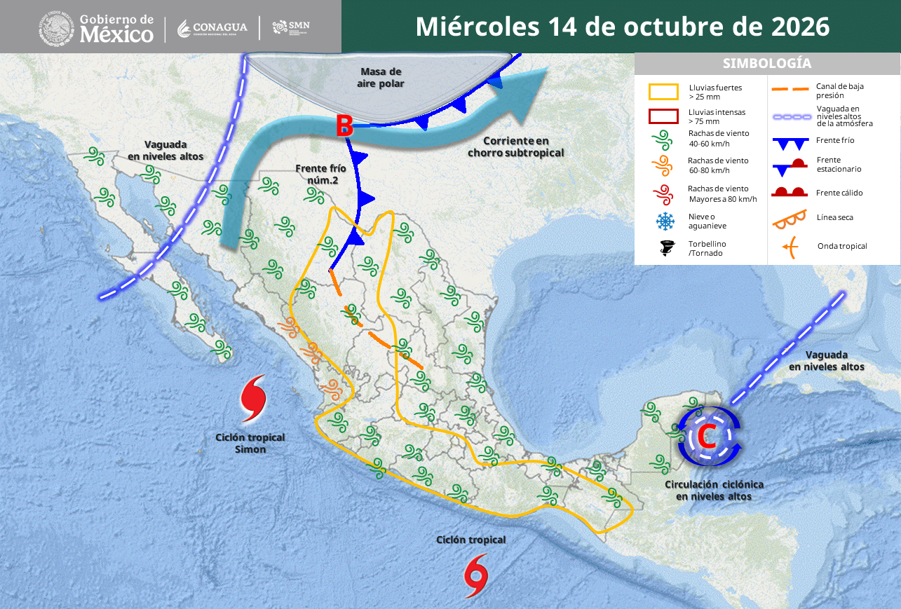 Dos ciclones y el frente frío 2 dejarán lluvias en seis estados del país.