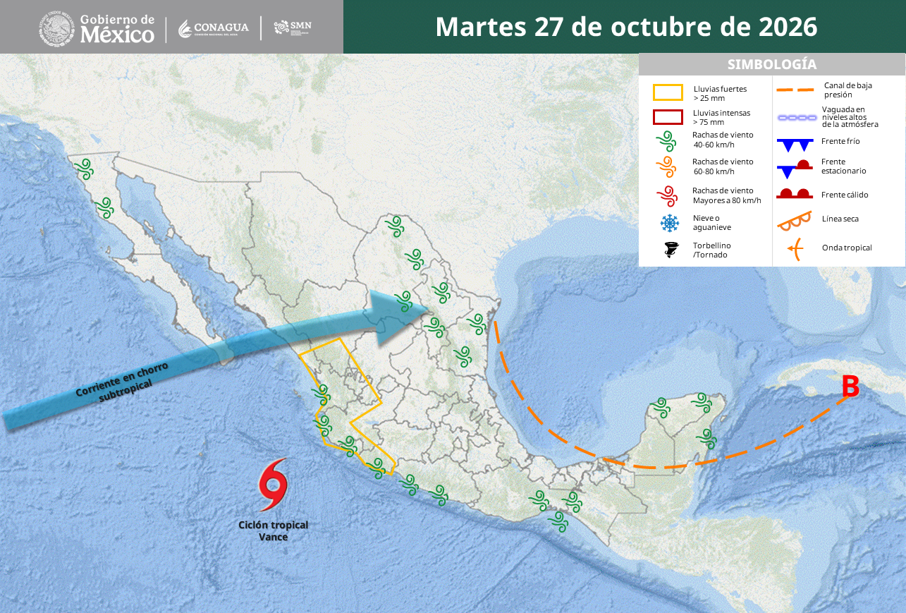 Vance amenaza con lluvias muy fuertes, viento y oleaje en el Pacífico.