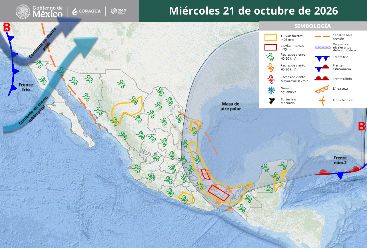 Prevén lluvias intensas, fuertes vientos y riesgo de inundaciones hoy.