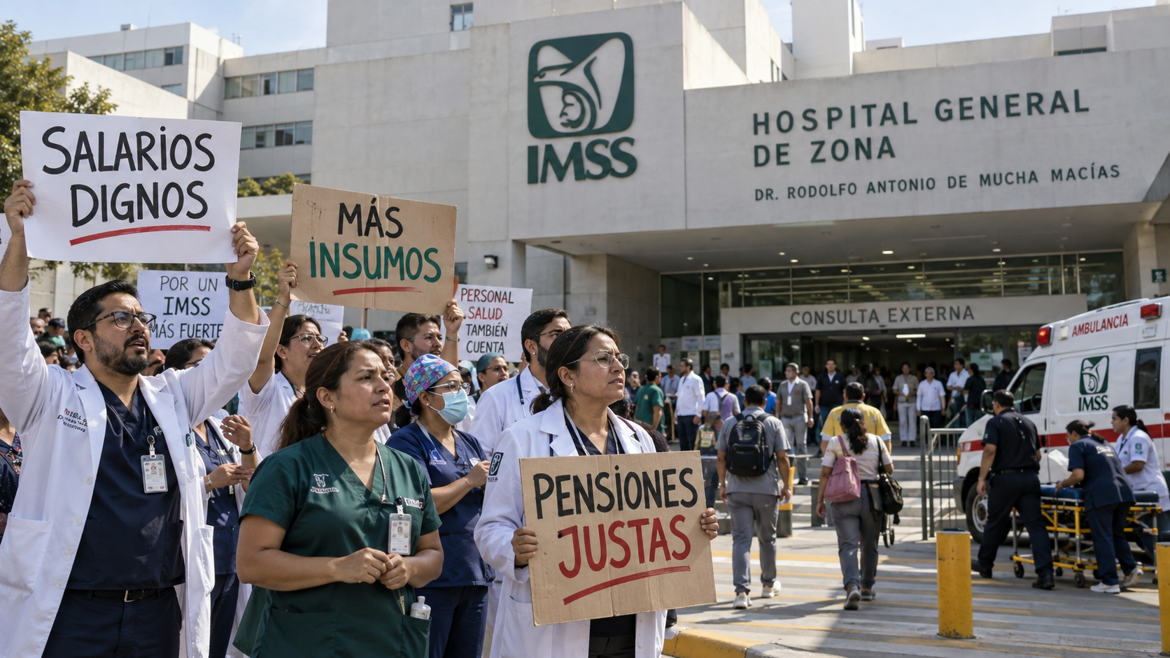 médicos del IMSS en paro, trabajadores del IMSS protestan, aumento salarial IMSS 2026, enfermeras IMSS, huelga IMSS, protestas IMSS 9 de octubre, Rafael Olivos, Sindicato Nacional de Trabajadores del Seguro Social, servicios médicos IMSS.