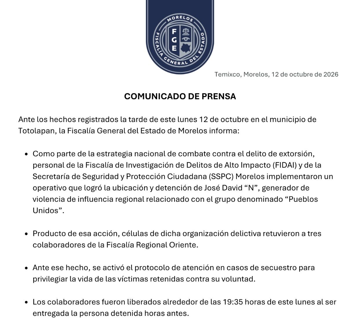 Liberan a cuatro funcionarios retenidos tras canje en Totolapan, Morelos.