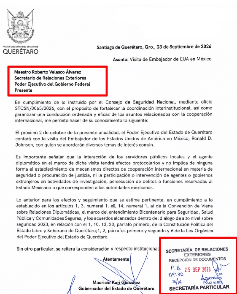SRE recibió oficio previo sobre la visita del embajador Ronald Johnson