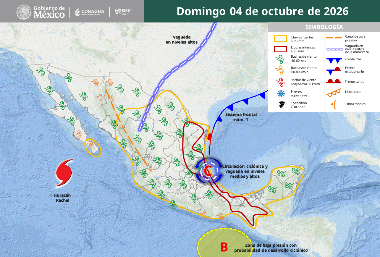 Frente frío 1 dejará lluvias intensas, vientos y descenso térmico.