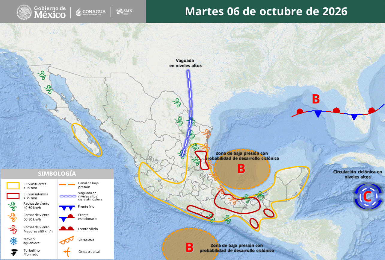 Dos bajas presiones provocarán lluvias torrenciales en seis estados.