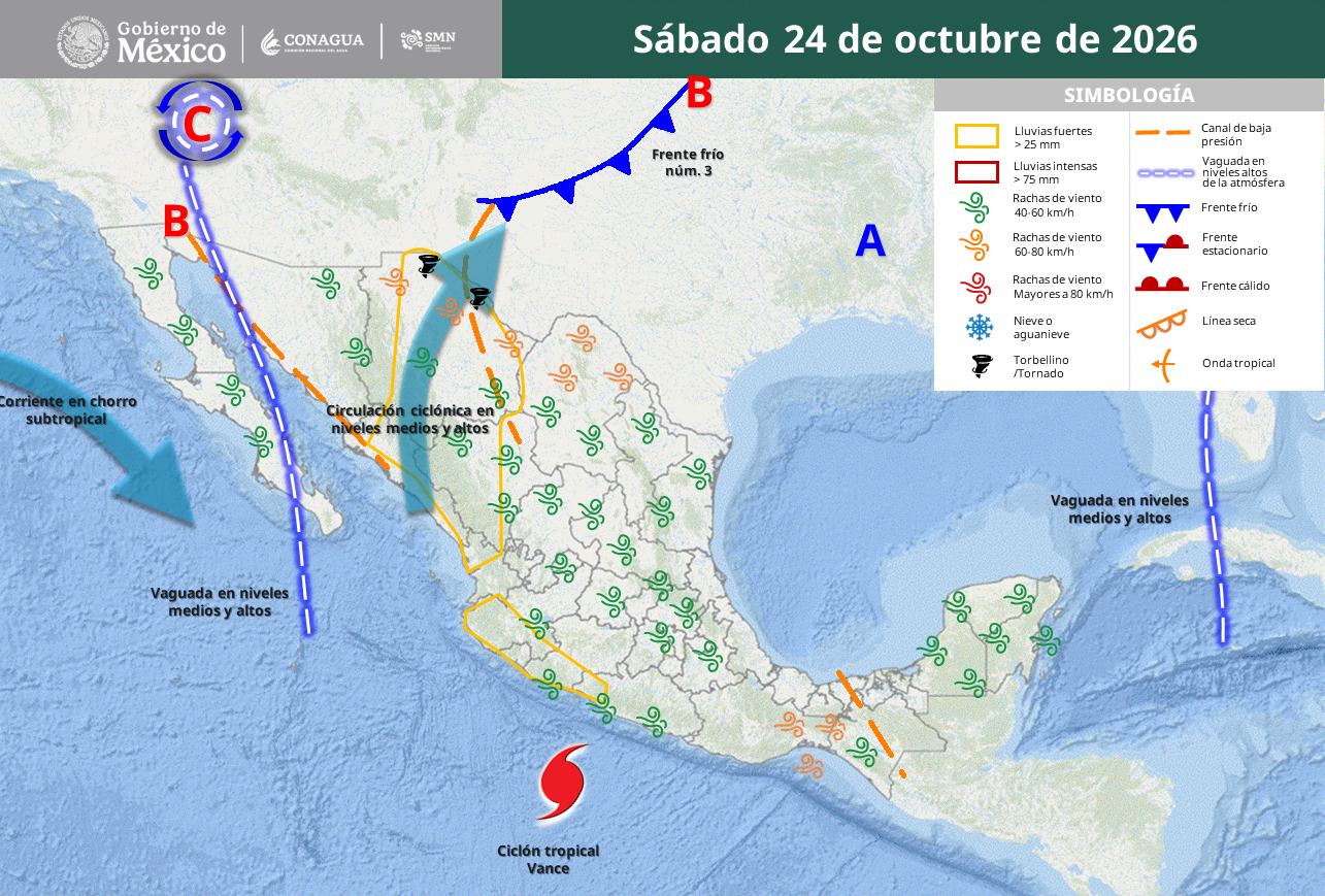 Frente frío 3 amenaza Chihuahua; Vance agita costas del Pacífico.